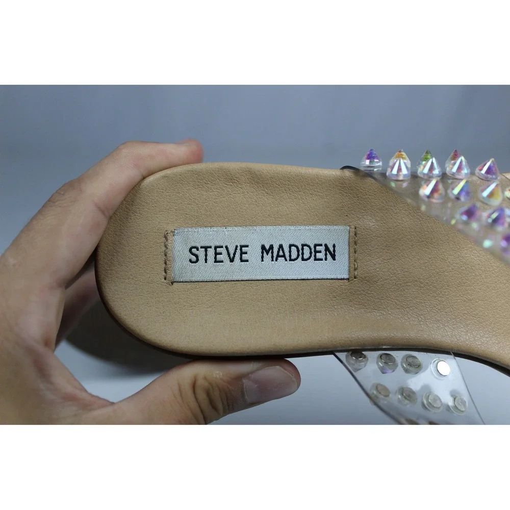 Steve Madden Iridescent Studded Clear Strap Sandals with Tan Footbed